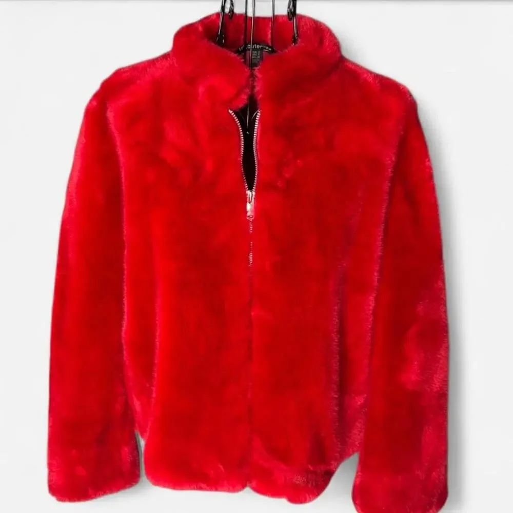Red Faux Fur Zip Up Jacket Mock Neck Teddy Shaggy Coat Small